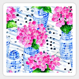 Pink daisies in chinoiserie jars watercolor Sticker